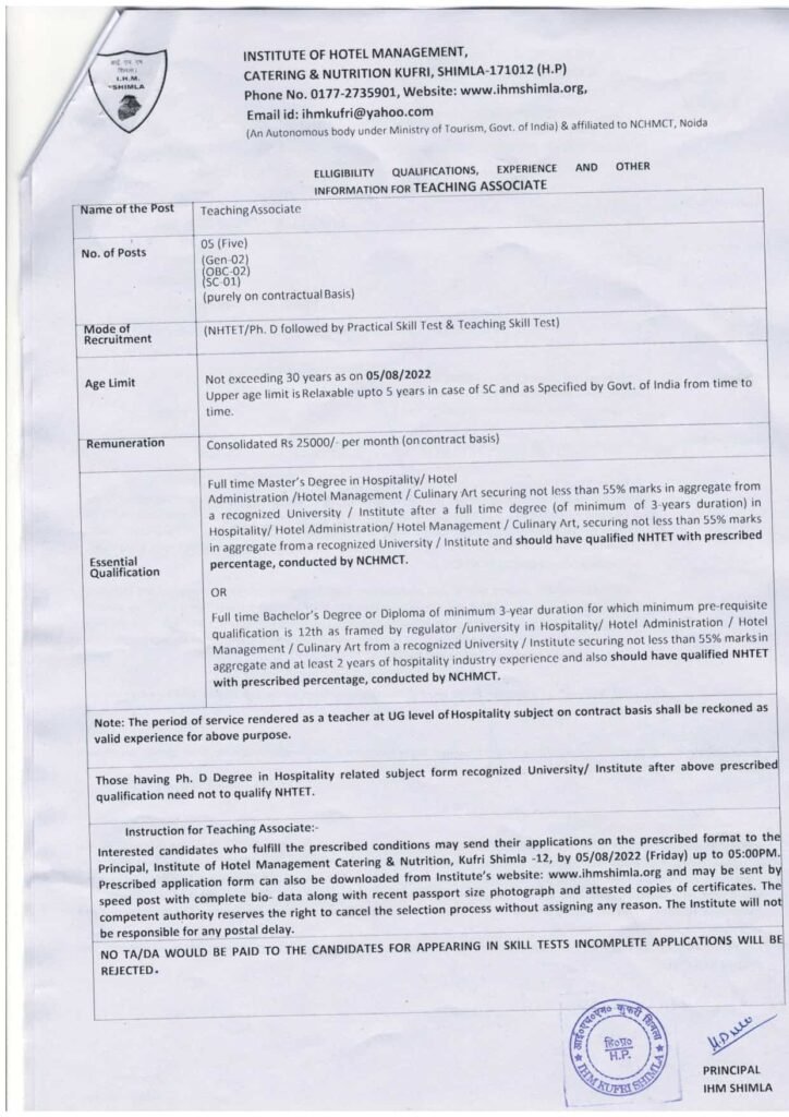 IHM Shimla Teaching Associate Recruitment August 2022 1 Eligibility qualifications experience and other information for teaching associate July 2022 page 0001 1