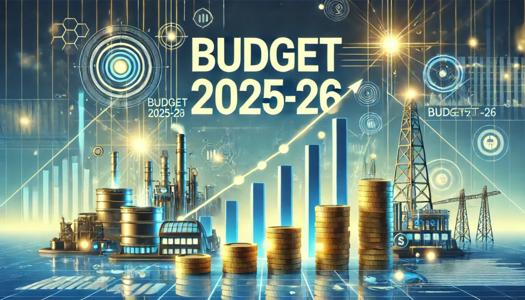 8th February 2025-Current Affairs 1 DALL·E 2025 02 08 13.26.57 A modern digital illustration representing the Budget 2025 26 theme in a landscape format. The image features financial growth elements such as upward