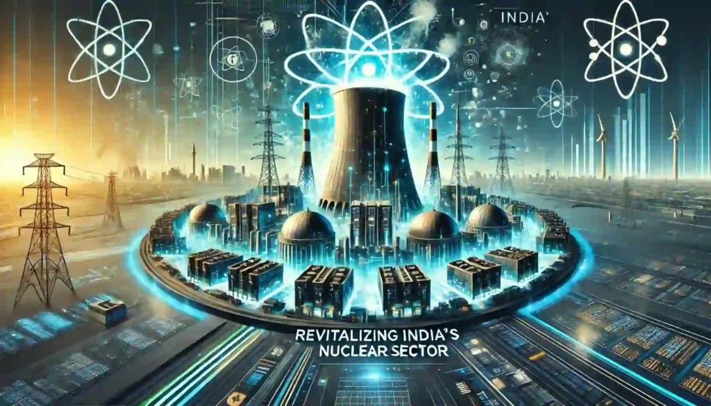 8th February 2025-Current Affairs 3 DALL·E 2025 02 08 13.36.16 A powerful digital illustration representing Revitalizing Indias Nuclear Energy Sector in a landscape format. The image features a futuristic nucle 1