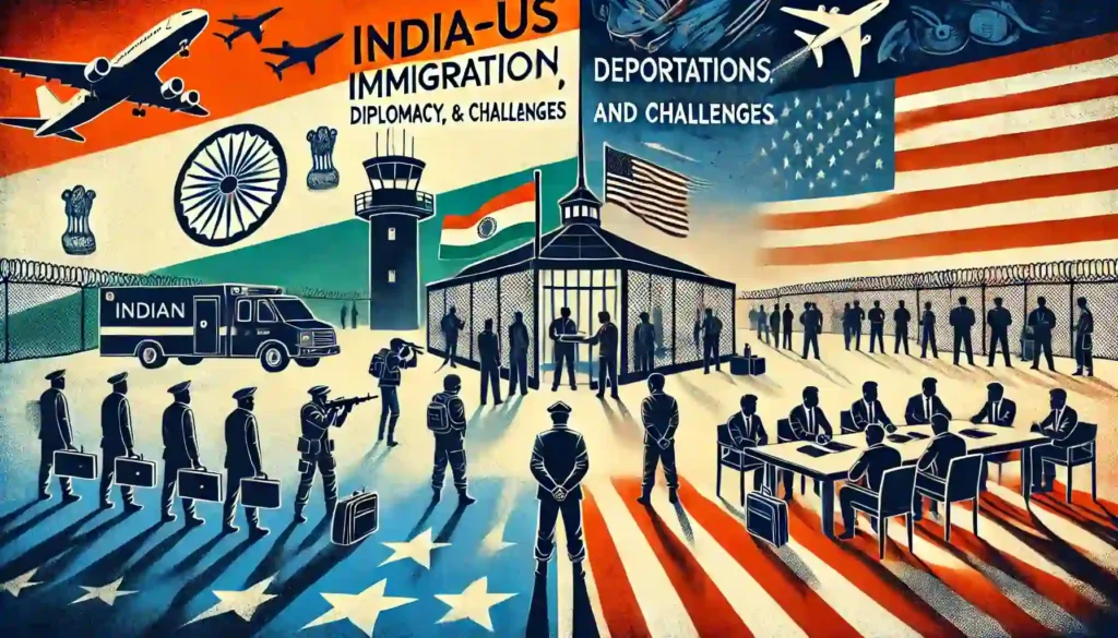 8th February 2025-Current Affairs 4 DALL·E 2025 02 08 13.38.49 A compelling digital illustration representing India US Immigration Tensions Deportations Diplomacy and Challenges in a landscape format. The ima 1